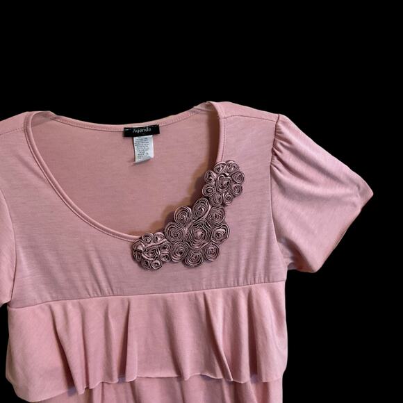 Agenda Top Women Short Sleeves SZ PL Pink Rosette Accent Tiered - Picture 4 of 5